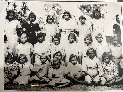 Jess Beck's grandmother Linda with other stolen children at the Bungalow at the Alice Springs Telegraph Station.