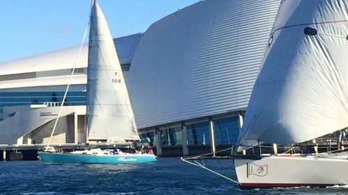 The Finistere, capsized off Mandurah with six people aboard, killing two sailors.
 (Facebook/Royal Freshwater Bay Yacht Club)