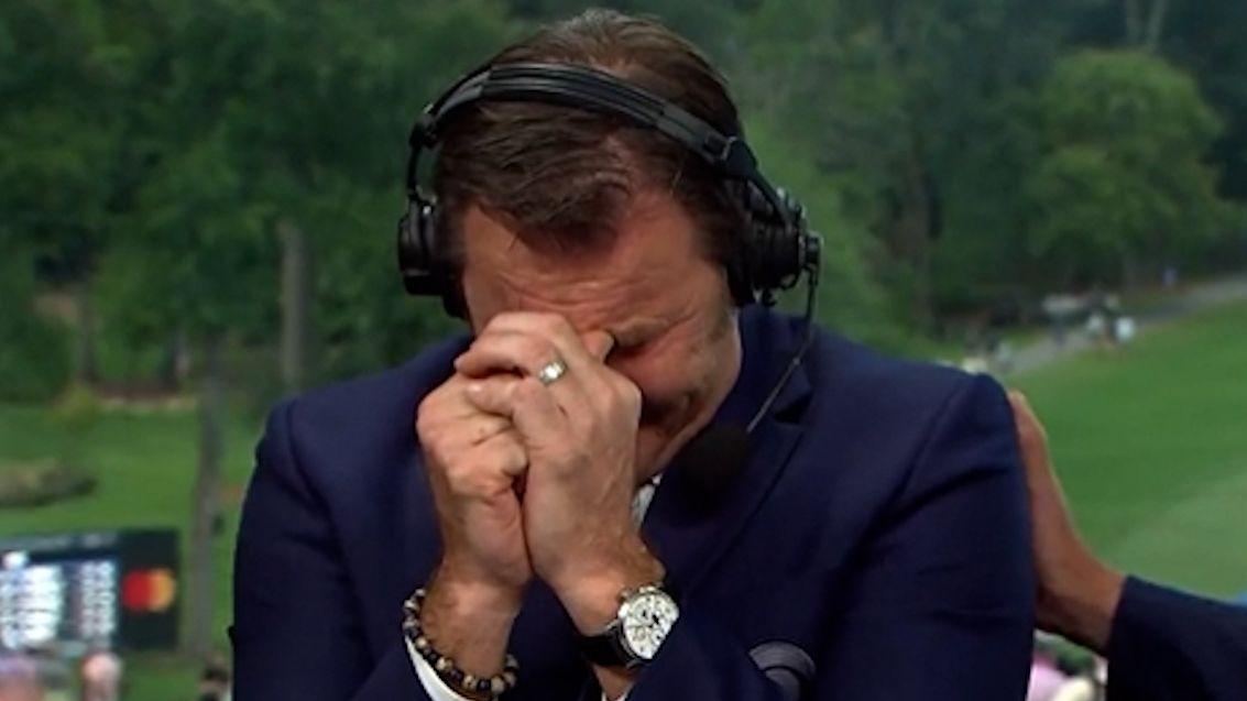 Sir Nick Faldo breaks down crying as he farewells CBS and golf commentary.