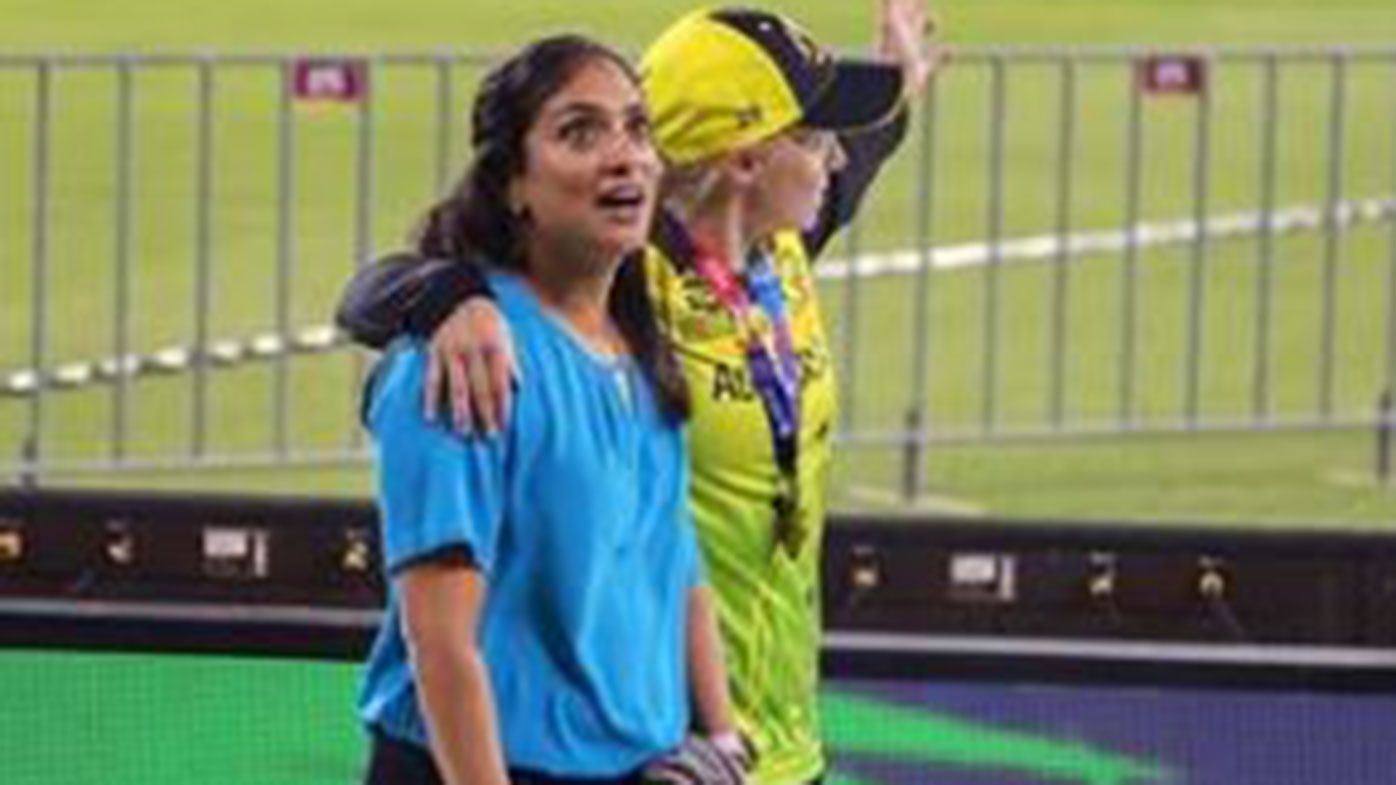 Former player Lisa Sthalekar with Alyssa Healy after Australia&#x27;s T20 World Cup win.