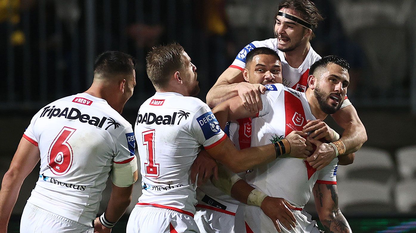 Jack Bird of the Dragons celebrates after scoring a try during the round 13 NRL match between the St George Illawarra Dragons and the Brisbane Broncos at Netstrata Jubilee Stadium on June 03, 2021, in Sydney, Australia. (Photo by Cameron Spencer/Getty Images)