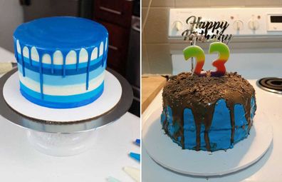 Birthday layer cake 'expectations vs reality' meme