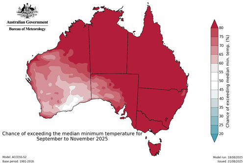 A representation of Australia showing which parts of nan state person a higher chance of experiencing higher than mean minimum temperatures successful Spring.