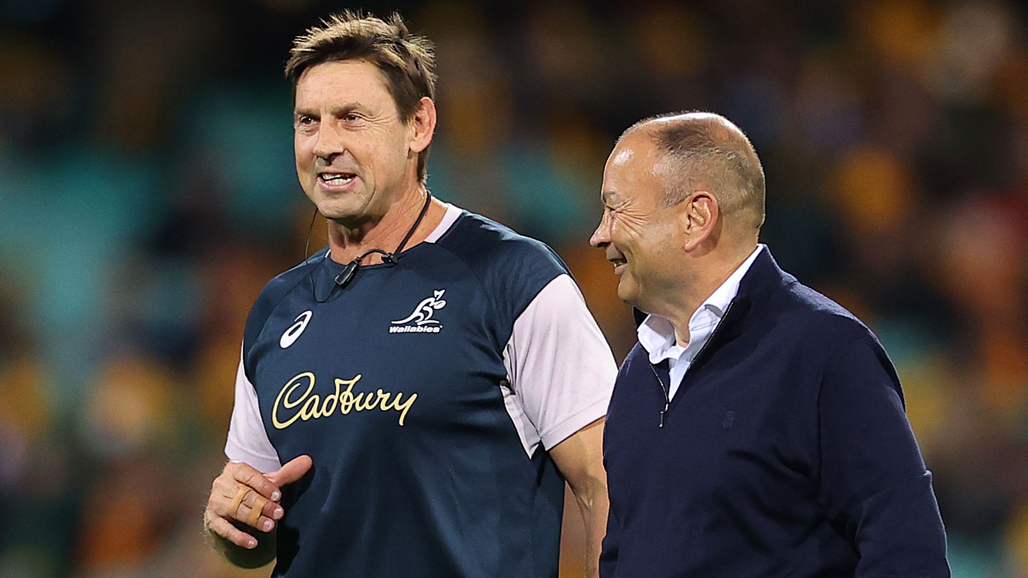 Wallabies attack coach Scott Wisemantel chats with England coach Eddie Jones at the SCG.
