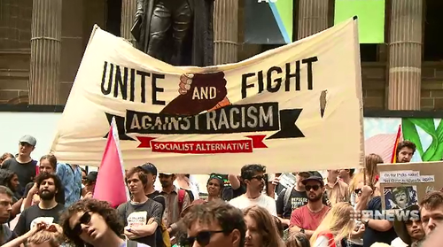 Hundreds gathered on the steps of the State Library in Melbourne to protest about last week's rally where nazi salutes were filmed.