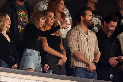 Taylor Swift, Blake Lively and Ryan Reynolds at the game between the Kansas City Chiefs and the New York Jets at MetLife Stadium on October 01, 2023 in East Rutherford, New Jersey