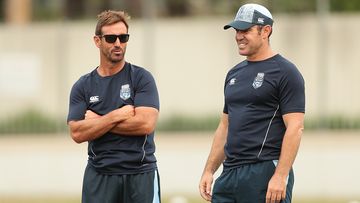 Former NSW Blues head coach Brad Fittler (right) speaks to Andrew Johns.
