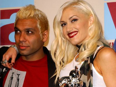 NEW YORK - AUGUST 29: Lead singer Gwen Stefani of No Doubt and bassist Tony Kanal pose in the media room at the 2002 MTV Video Music Awards at Radio City Music all August 29,2002 in New York City (Photo by Mark Mainz/Getty Images)