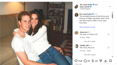 Grant Harrol, former royal butler, shared this image of Prince William and Catherine on his Instagram page, but the photo is believed to be an AI-generated fake, May 2026.