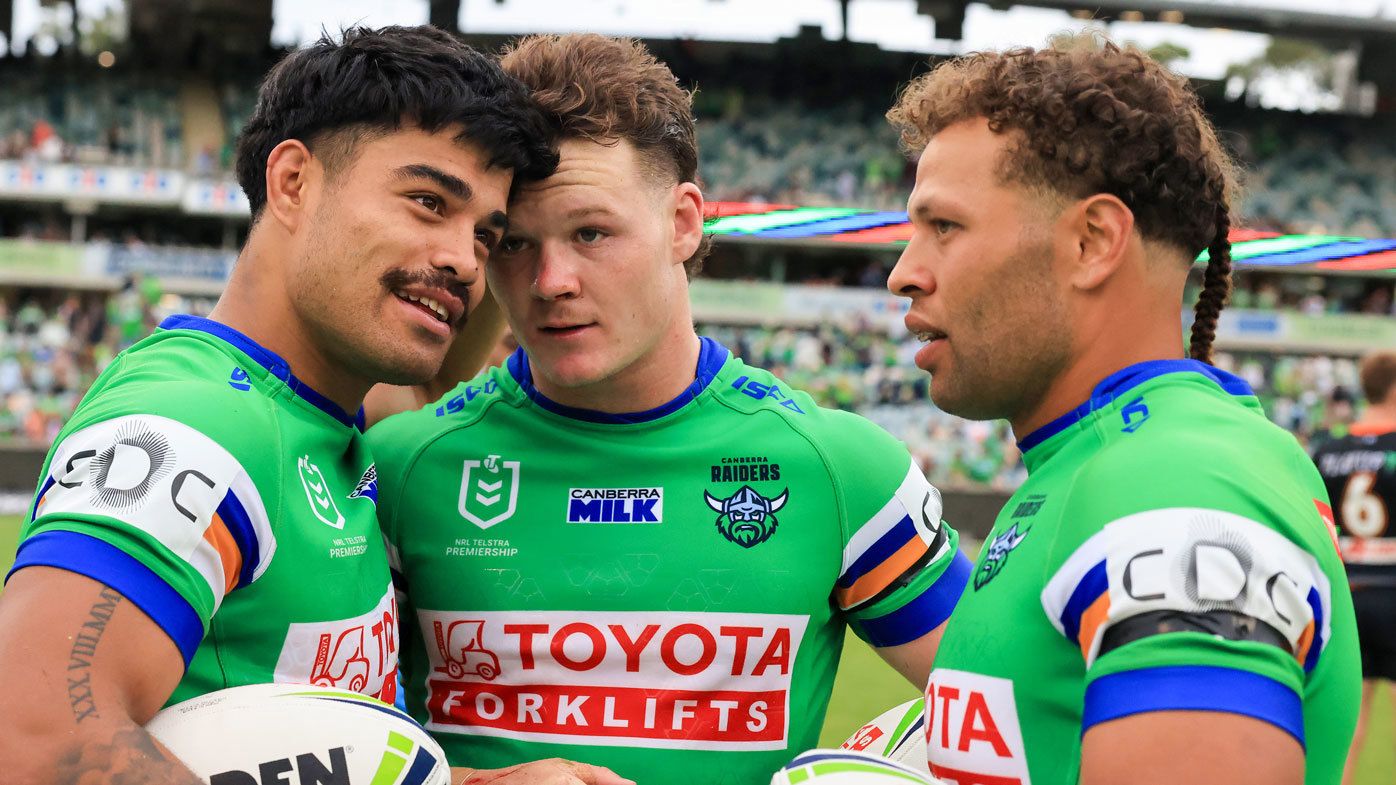 Raiders star Matt Timoko alongside Ethan Strange and Sebastian Kris. 