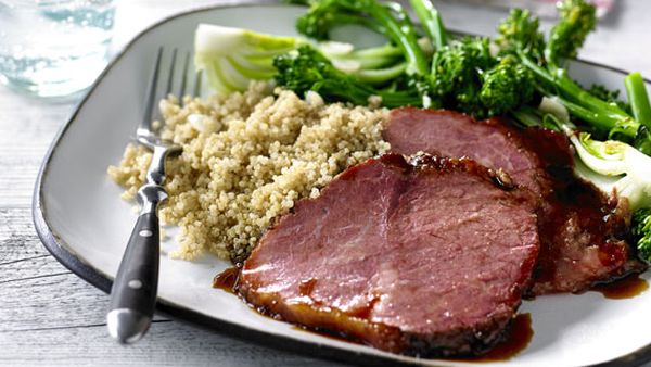 Soy, ginger and five spice glazed beef with garlic greens