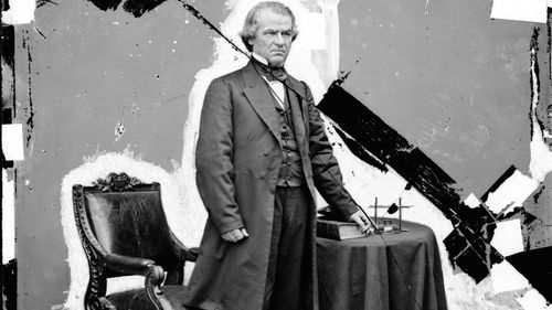 This 1865-1880 photo shows a damaged glass negative of President Andrew Johnson, who was the first US leader to be impeached.