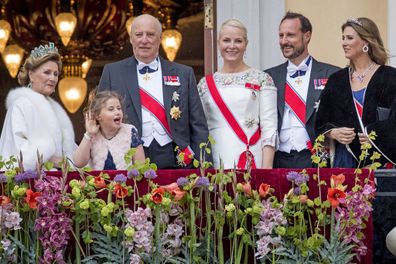 Queen Sonja, King Harald, Emma Tallulah Behn, Crown Princess Mette-Marit, Crown Prince Haakon and Princess Martha Louise on May 9, 2017.
