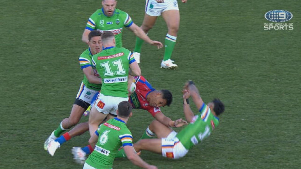 Raider wiped out by gun Knights prop Jacob Saifiti's thumping hit-up