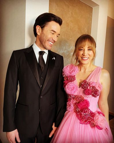 Tom Pelphrey and Kaley Cuoco before the Emmys, 2022.