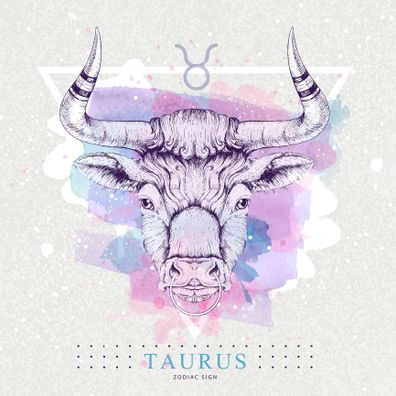 Modern magic witchcraft card with astrology Taurus zodiac sign on artistic watercolor background. Realistic hand drawing bull head