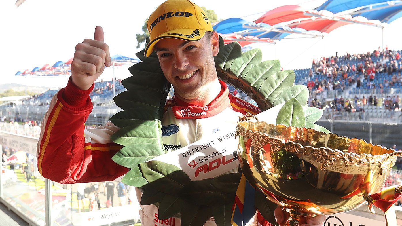 Scott McLaughlin driver of the #17 Shell V-Power Racing Team Ford Mustang celebrates on the podium after winning race two of round one of the 2020 Supercars Championship the Adelaide Superloop