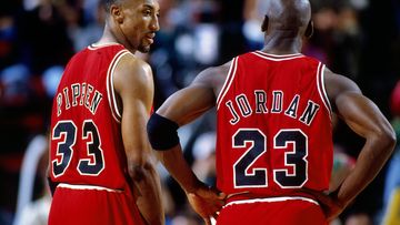 SEATTLE - JUNE 14:  Michael Jordan #23 and Scottie Pippen #33 of the Chicago Bulls discuss strategy against the Seattle SuperSonics in Game Five of the 1996 NBA Finals at Key Arena on June 14, 1996 in Seattle, Washington. The Sonics won 89-78.  NOTE TO USER: User expressly acknowledges that, by downloading and or using this photograph, User is consenting to the terms and conditions of the Getty Images License agreement. Mandatory Copyright Notice: Copyright 1996 NBAE (Photo by Barry Gossage/NBAE