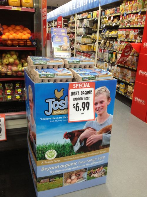 Major supermarkets now stock the teen's ethical eggs. (Josh's Rainbow Eggs)