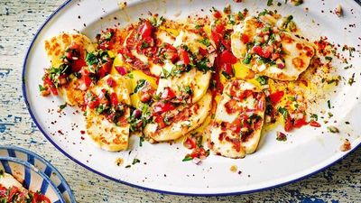 Recipe: <a href="https://kitchen.nine.com.au/2016/08/17/14/54/fried-haloumi-with-herby-salsa" target="_top">Fried haloumi with herby salsa</a>