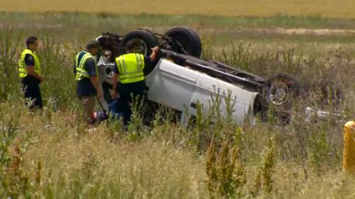 Car flipped on US Highway that left one man dead and four others hospitalised. (Supplied: 9NEWS Colorado)