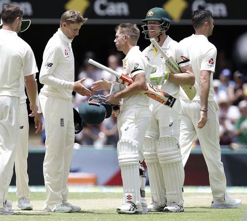 England congratulate Australia on their dominant win. Next, the circus moves to Adelaide. Picture: AAP