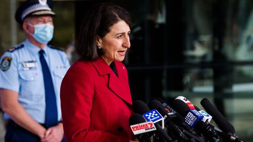 NSW Premier Gladys Berejiklian, NSW Health Minister Brad Hazzard and NSW Chief Health Officer Kerry Chant and NSW Police Commissioner Mick Fuller. 