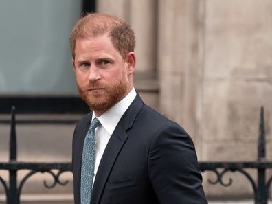 Prince Harry, Duke of Sussex leaves the High Court on April 8, 2025 in London, England. Prince Harry arrived in the UK this morning to attend court for his appeal against the downgrading of his security detail for family visits to the UK.