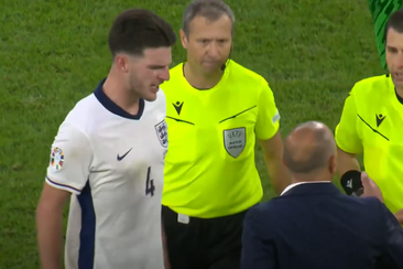 UEFA Euro 2024: England v Slovakia; Declan Rice confronted by Slovakian manager.