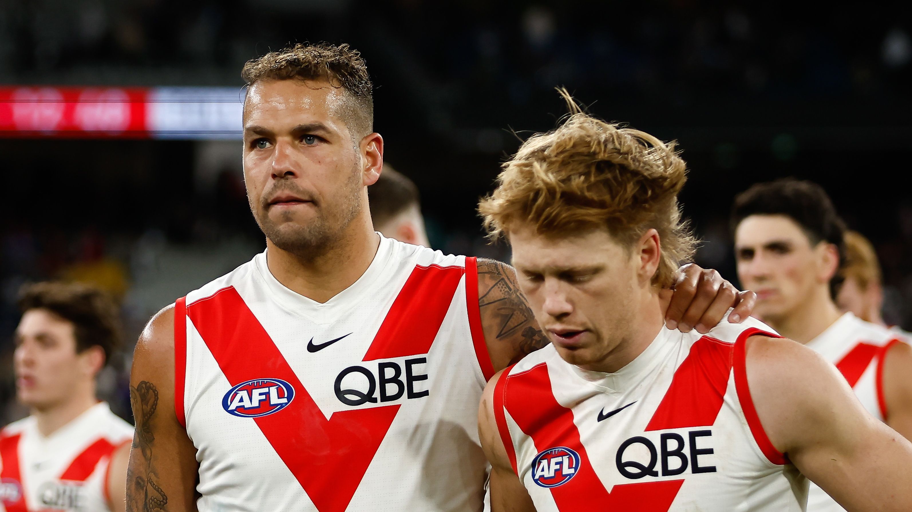 MELBOURNE, AUSTRALIA - MAY 07: Lance Franklin of the Swans looks dejected after a loss during the 2023 AFL Round 08 match between the Collingwood Magpies and the Sydney Swans at the Melbourne Cricket Ground on May 7, 2023 in Melbourne, Australia. (Photo by Dylan Burns/AFL Photos)