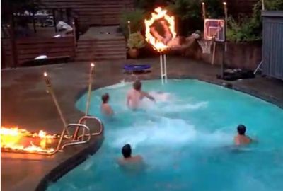 <b>When it comes to basketball trick shots, there's no better place to nail a slam dunk than a swimming pool. </b><br/><br/>Sudents in the United State flock to private and public pools every summer to push the boundaries with extraordinary choreograhy, skill and timing, with the latest footage to emerge simply red hot.</b><br/><br/>After a brilliant sequence of passing, involving eight mates, one youngster leaps through a ring of fire for the coup de gras dunk.</b><br/><br/>Here are some of the world's greatest swimming pool trick shots...
