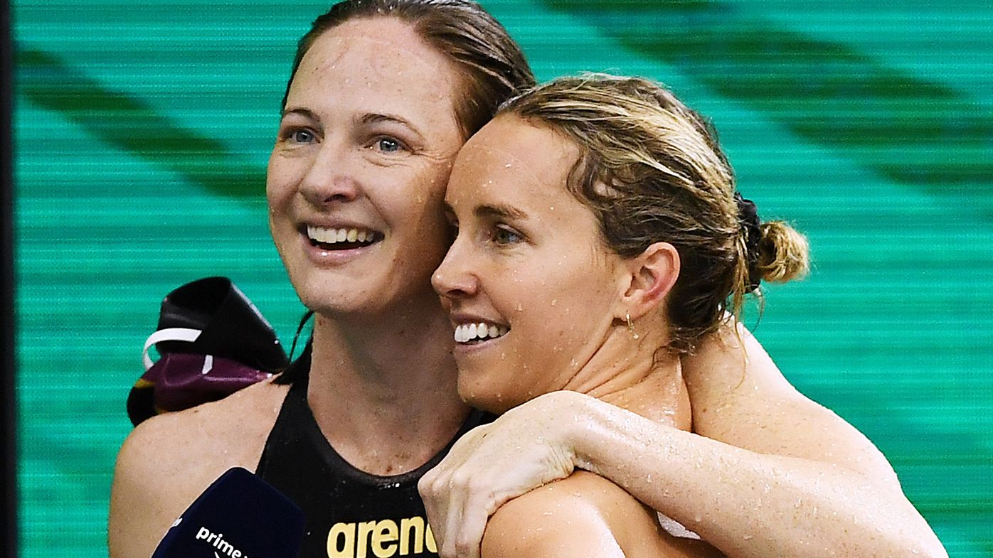 Cate Campbell and Emma McKeon after the Women&#x27;s 100 metre Freestyle during the Australian National Olympic Swimming Trials