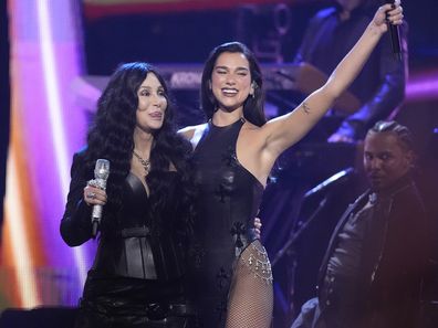 Cher, left, and Dua Lipa perform during the 39th Annual Rock & Roll Hall of Fame Induction Ceremony on Saturday, Oct. 19, 2024, at Rocket Mortgage FieldHouse in Cleveland. (AP Photo/Chris Pizzello)