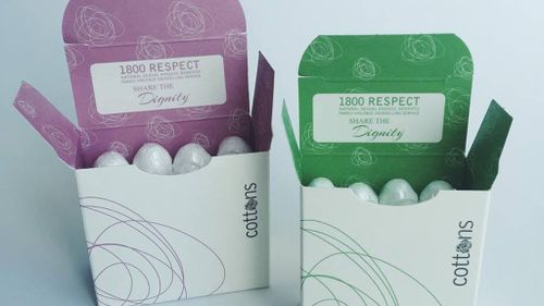 Cottons new tampon packaging, branded with the 1800RESPECT hotline. (Share the Dignity)