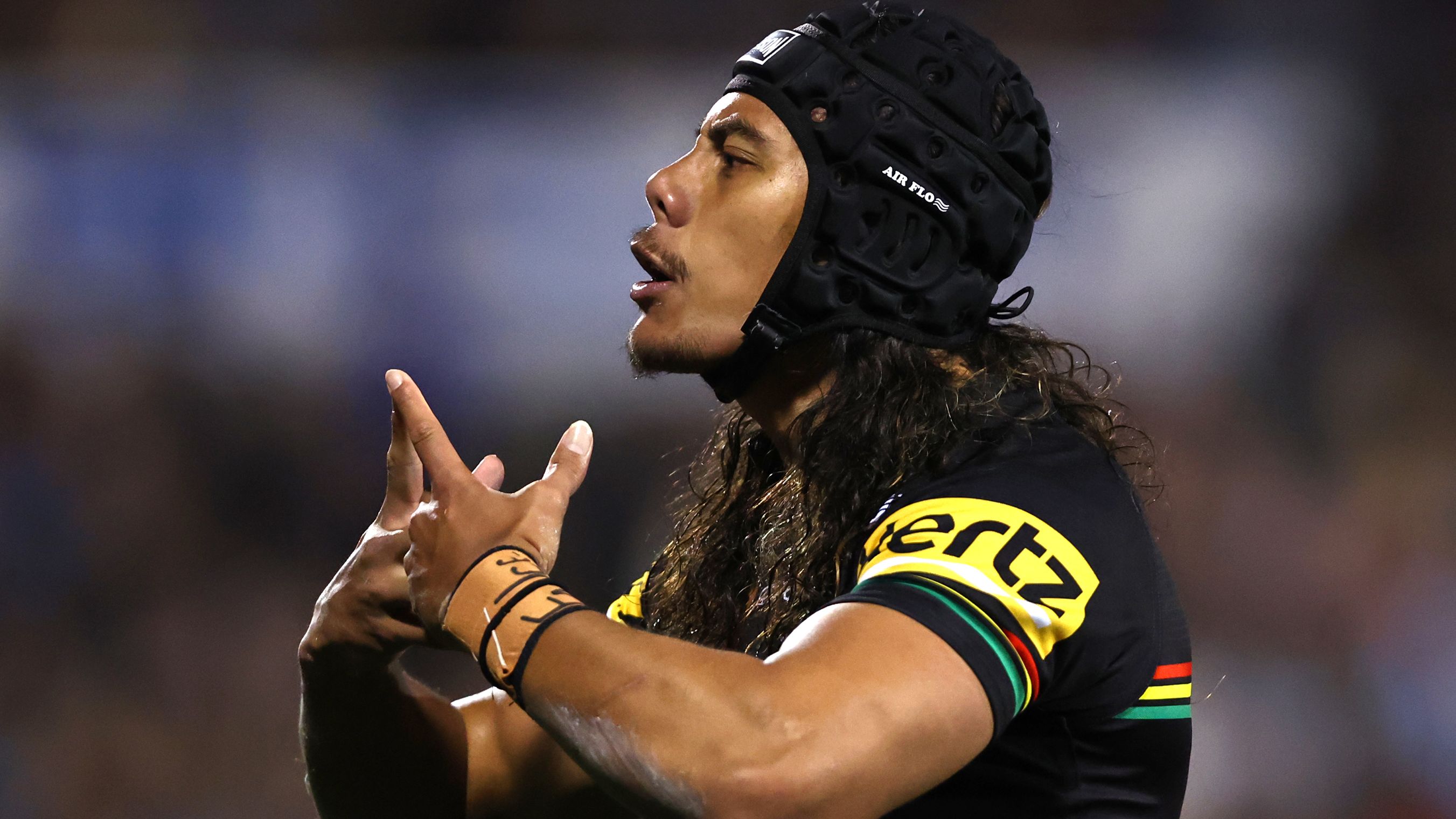 PENRITH, AUSTRALIA - JULY 29: Jarome Luai of the Panthers celebrates scoring a try during the round 22 NRL match between Penrith Panthers and Cronulla Sharks at BlueBet Stadium on July 29, 2023 in Penrith, Australia. (Photo by Jeremy Ng/Getty Images)