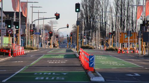 CHRISTCHURCH, NEW ZEALAND - 2021/08/21: Manchester Street in central Christchurch is pictured deserted during the lockdown. New Zealands outbreak of the Delta variant has so far seen 28 confirmed cases in Auckland, and three in Wellington. Prime Minister Jacinda Ardern yesterday placed areas outside Auckland and Coromandel into a further lockdown until 11.59 pm on Tuesday. Deputy Prime Minister Grant Robertson said this morning, things will get worse before they get better, and that there will b