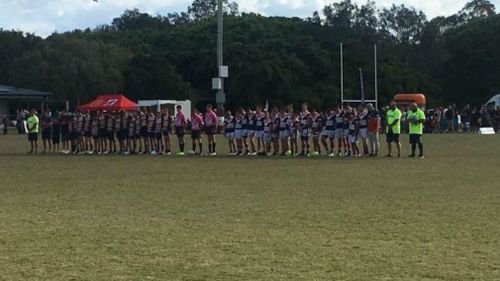 The U13 Division 1 Runaway Bay Seagulls &amp; Nerang Roosters teams held a one minute silence before yesterday's RLGC preliminary final, in memory of Reece Clarke. (Facebook/Ormeau Shearers Rugby League)