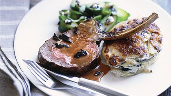 Rack of veal with truffle gravy, truffled scalloped potatoes and Brussels sprouts