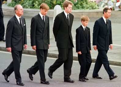FILE - In this Sept. 6, 1997 file photo, from left, Britain's Prince Philip, Prince William, Earl Spencer, Prince Harry and Prince Charles walk outside Westminster Abbey during the funeral procession for Diana, Princess of Wales. Buckingham Palace officials say Prince Philip, the husband of Queen Elizabeth II, has died, it was announced on Friday, April 9, 2021. He was 99. Philip spent a month in hospital earlier this year before being released on March 16 to return to Windsor Castle. Philip, al