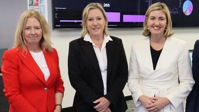 FW founder Helen McCabe, FW Jobs Academy member Kylie Watson, and Queensland Minister for Women Shannon Fentiman, right, at the launch of the Queensland FW Jobs Academy 2024