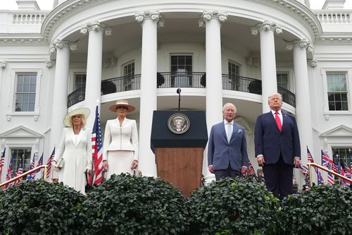 US President Donald Trump, Britain's King Charles III, first lady Melania Trump and Queen Camilla