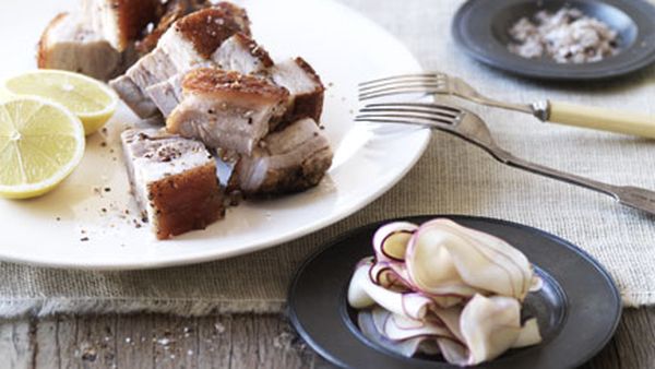 Salt-and-pepper pork with lemon and pickled kohlrabi