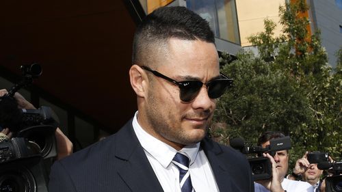 Former NRL player Jarryd Hayne leaves Newcastle Court today.