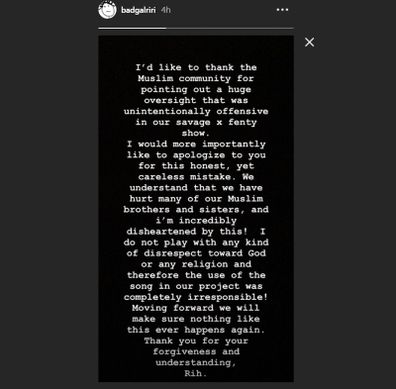 Rihanna issued an apology on Instagram following backlash after using a song with sacred Islamic verses in it during her recent lingerie fashion show