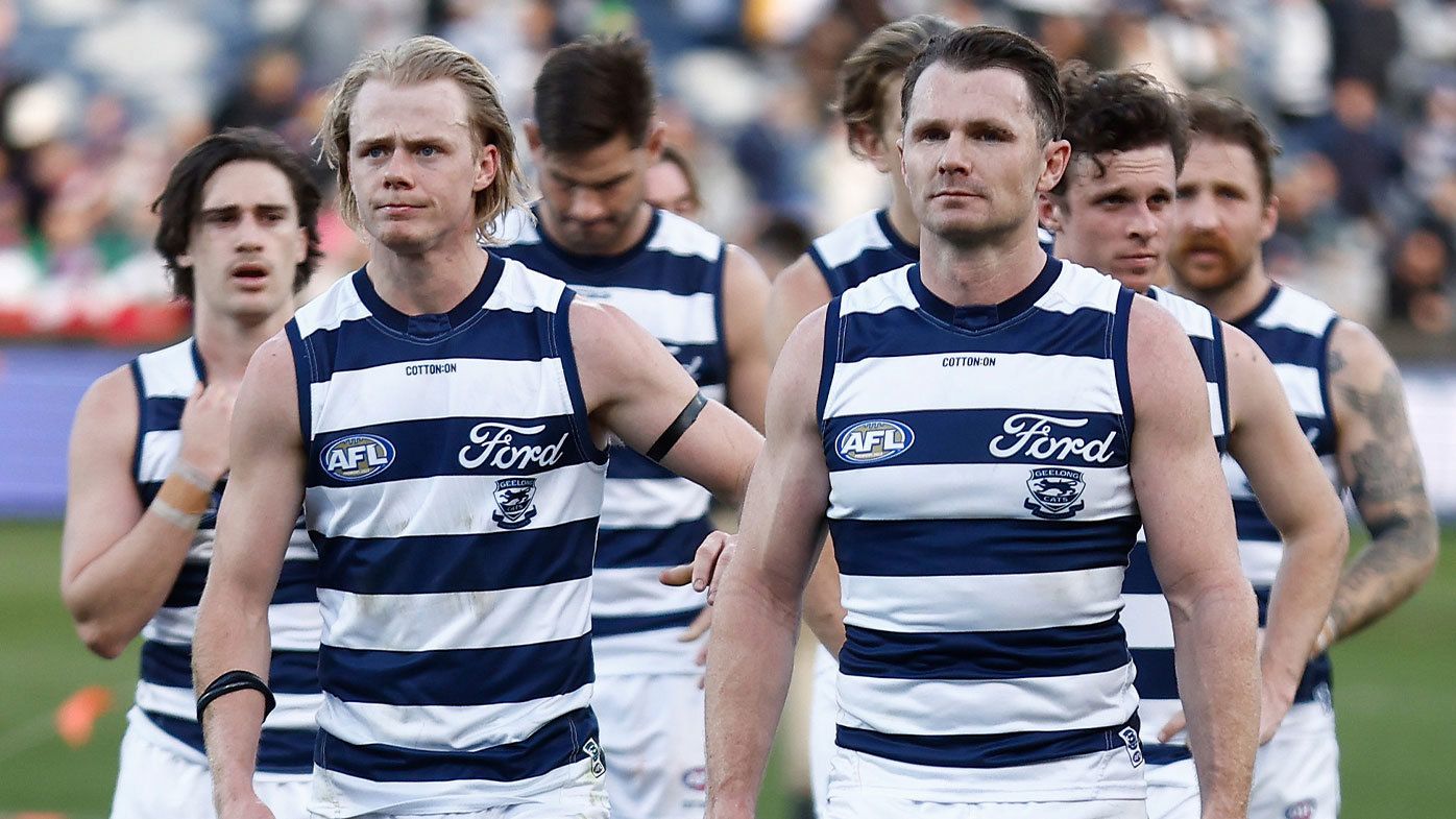 Geelong captain Patrick Dangerfield leads his team off the field in 2023