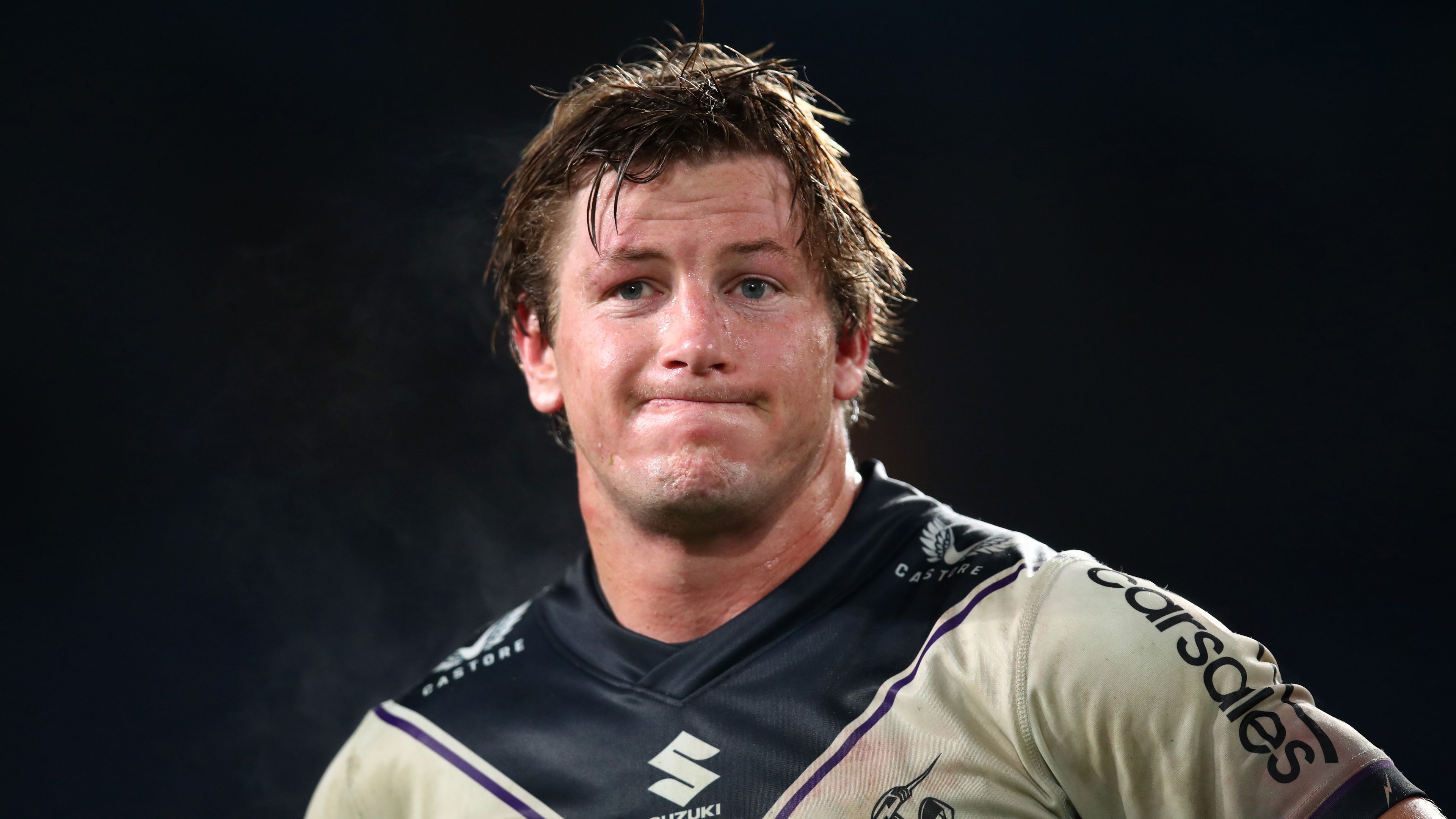 Harry Grant of the Storm looks dejected after a loss during the round 19 NRL match between the South Sydney Rabbitohs and the Melbourne Storm at Stadium Australia on July 23, 2022 in Sydney, Australia. (Photo by Jason McCawley/Getty Images)