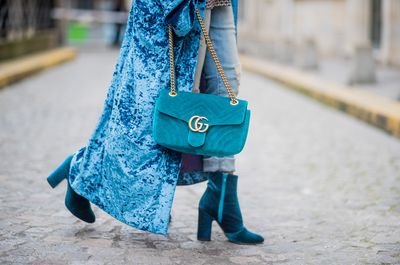 <p><strong>Classic inspiration:</strong> Gitta Banko carrying a petrol-coloured velvet Marmont GG Gucci bag seen during Paris Fashion Week Spring/Summer 2018 on October 2, 2017.</p>
<p><strong>Buy in red:</strong>&nbsp;Gucci Marmont velvet bag in red velvet approx. $3001.41 at
<a href="https://www.vestiairecollective.com/women-bags/handbags/gucci/red-velvet-marmont-gucci-handbag-4930389.shtml" target="_blank" draggable="false">Vestiaire Collective<br />
</a></p>