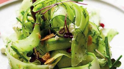 Click through for our cool <a href="http://kitchen.nine.com.au/2016/05/16/14/09/shaved-cucumber-and-pomegranate-salad" target="_top">shaved cucumber and pomegranate salad</a> recipe