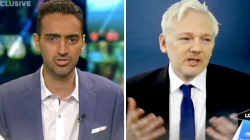 Waleed Aly (left) interviews WikiLeaks editor Julian Assange. (Supplied)