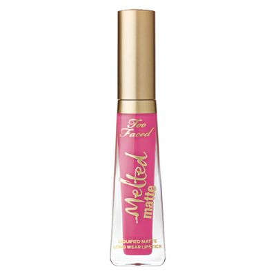 <a href="http://www.sephora.com/melted-matte-liquified-long-wear-matte-lipstick-P407636" target="_blank">Too Faced Melted Liquified Long Wear Matte Lipstick in 1998Bright Bubblegum Pink, $31.</a>